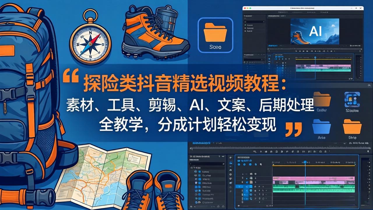 探险类抖音精选视频教程：素材、工具、剪辑、AI、文案、后期处理全教学，分成计划轻松变现-资源站