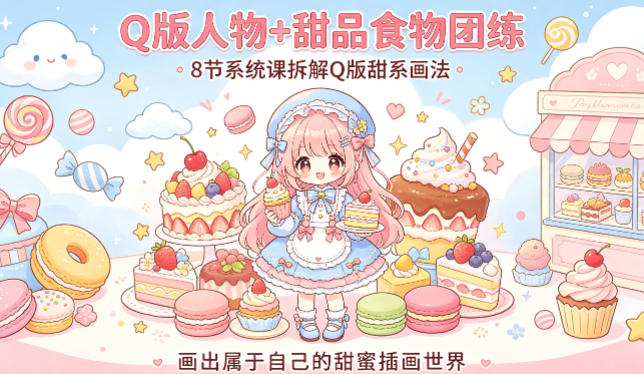 Q版人物+甜品食物团练，8节系统课拆解Q版甜系画法，画出属于自己的甜蜜插画世界-资源站