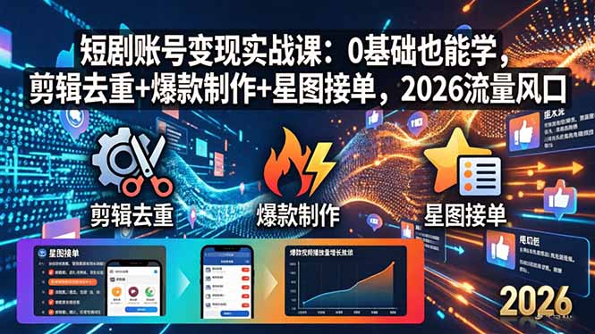 短剧账号变现实战课：0基础也能学，剪辑去重+爆款制作+星图接单，2026流量风口-资源站