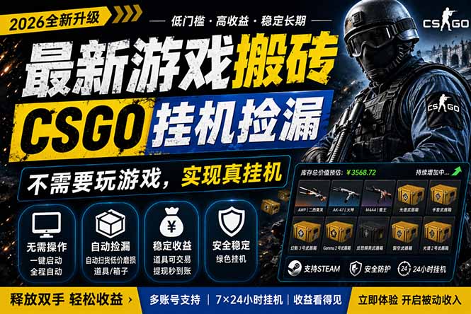 最新游戏搬砖，CSGO纯挂机，不需要玩游戏，实现真挂机，月入1W+，五一小高峰上车可吃肉，…-资源站