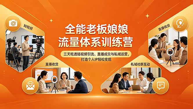 全能老板娘流量体系训练营，三天吃透短视频引流、直播成交与私域运营，打造个人IP轻松变现-资源站