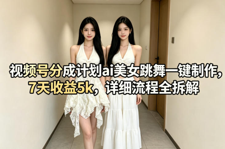 视频号分成计划ai美女跳舞一键制作，7天收益5k，详细流程全拆解-资源站