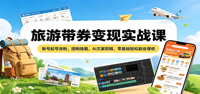 旅游带券变现实战课：账号起号涨粉，团购挂载，AI文案剪辑，零基础轻松副业增收-资源站