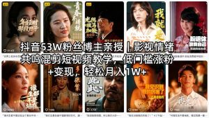 抖音53W粉丝博主亲授｜影视情绪共鸣混剪短视频教学，低门槛涨粉+变现，轻松月入1W+-资源站