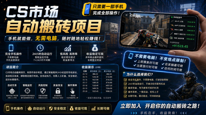 手机即可操作的CS市场自动搬砖系统｜自动监控｜自动下单|日入300+【揭秘】-资源站