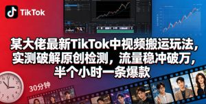 某大佬最新TikTok中视频搬运玩法,实测破解原创检测,流量稳冲破万,半个小时一条爆款-资源站
