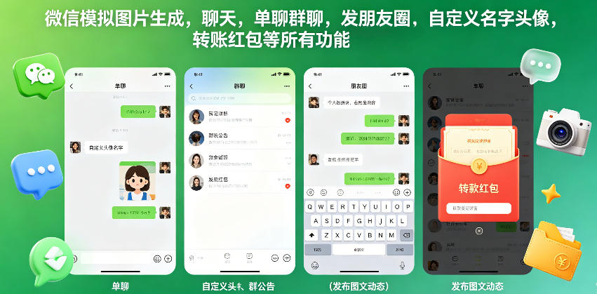 微信模拟图片生成，聊天，单聊群聊，发朋友圈，自定义名字头像，转账红包等所有功能都可以生成-资源站