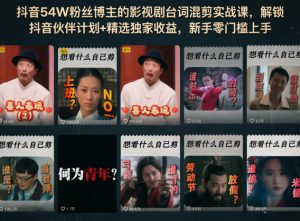 抖音54W粉丝博主的影视剧台词混剪实战课,解锁抖音伙伴计划+精选独家收益,新手零门槛上手-资源站