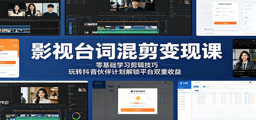 影视台词混剪变现课：零基础学习剪辑技巧，玩转抖音伙伴计划解锁平台双重收益-资源站