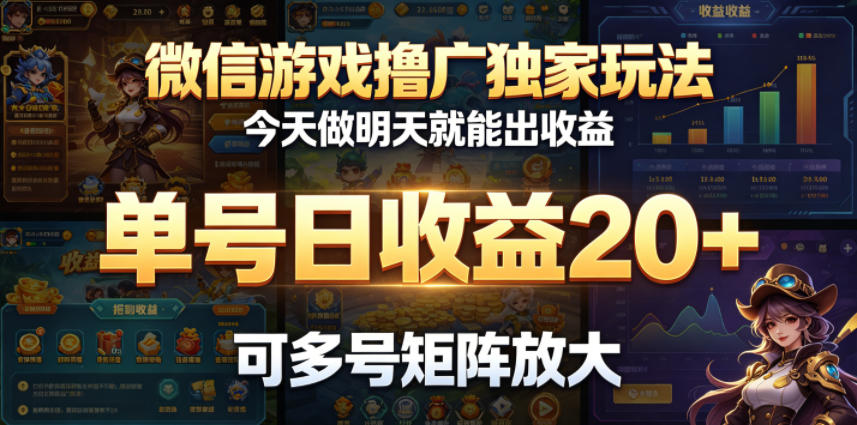 微信游戏撸广独家玩法，今天做明天就能出收益，单号日收益20+，可多号矩阵放大-资源站