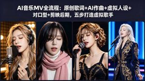 AI音乐MV全流程:原创歌词+AI作曲+虚拟人设+对口型+剪映后期,五步打造虚拟歌手-资源站