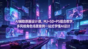AI辅助原画设计课，MJ+SD+PS组合教学，多风格角色场景案例一站式学懂AI设计-资源站