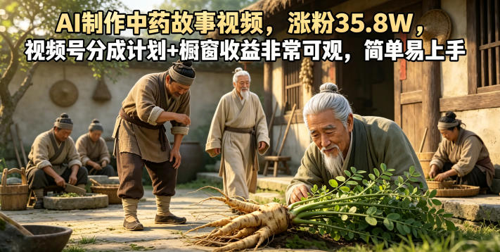 AI制作中药故事视频，涨粉35.8W，视频号分成计划+橱窗收益非常可观，简单易上手-资源站