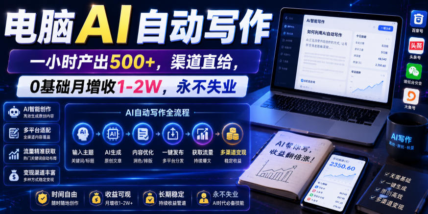 电脑AI自动写作，一小时产出500+，渠道直给，0基础月增收1-2W，永不失业【揭秘】-资源站