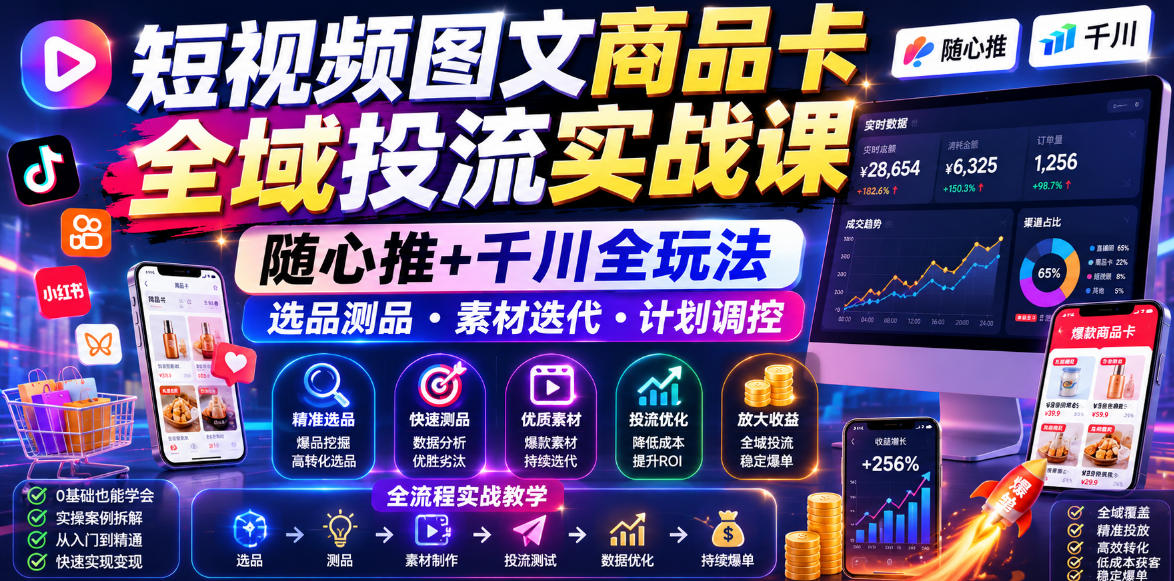 短视频图文商品卡全域投流实战课，随心推+千川全玩法，选品测品・素材迭代・计划调控，提升ROI爆单增收教程-资源站