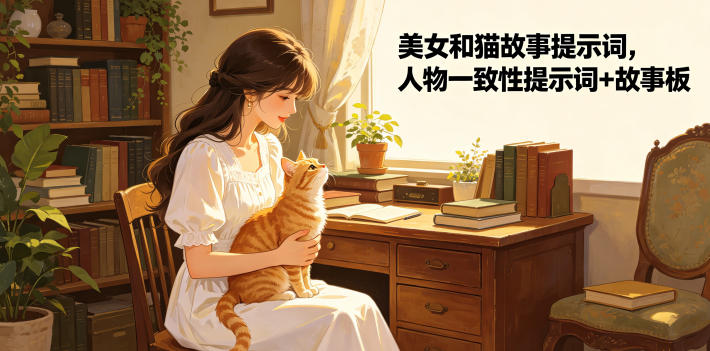 美女和猫故事提示词，人物一致性提示词+故事板-资源站