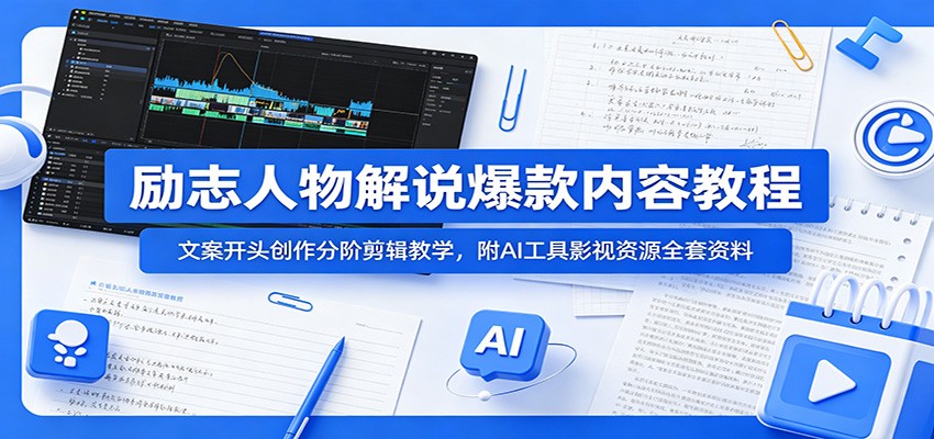 励志人物解说爆款内容教程:文案开头创作分阶剪辑教学,附AI 工具影视资源全套资料-资源站