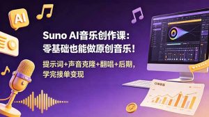 Suno AI音乐创作课：零基础也能做原创音乐！提示词+声音克隆+翻唱+后期，学完接单变现-资源站