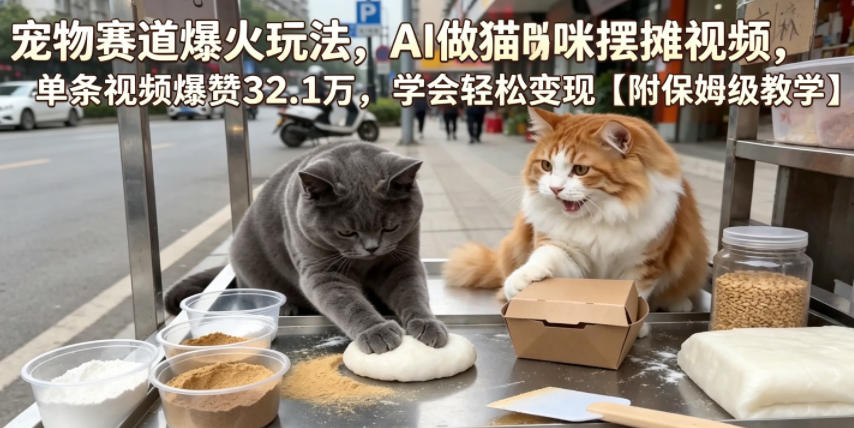 宠物赛道爆火玩法，AI做猫咪摆摊视频，单条视频爆赞32.1万，学会轻松变现【附保姆级教学】-资源站