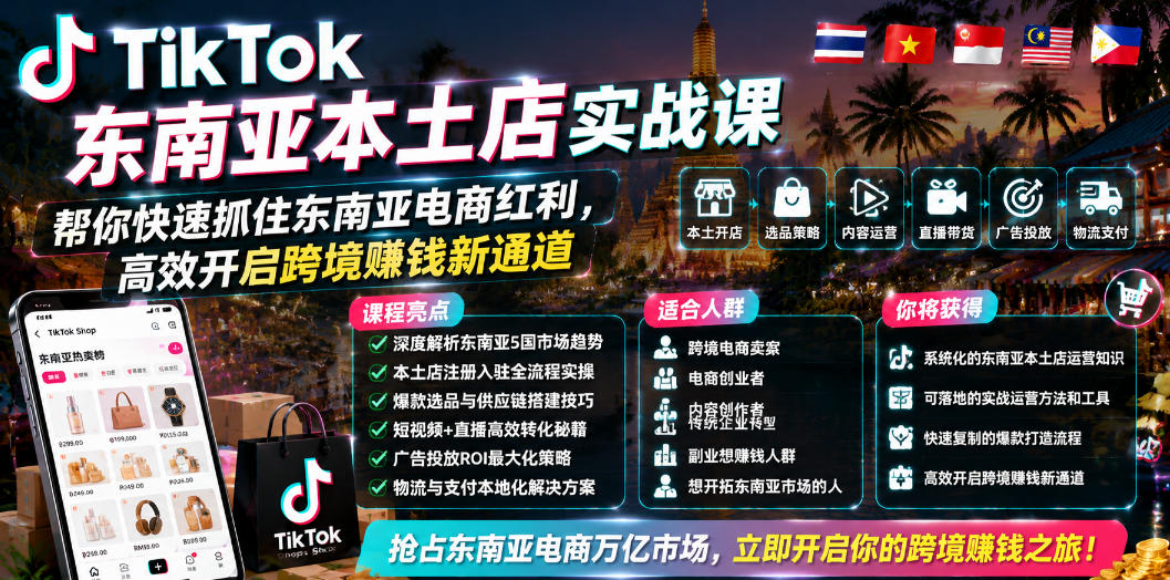 TikTok东南亚本土店实战课，帮你快速抓住东南亚电商红利，高效开启跨境賺钱新通道-资源站