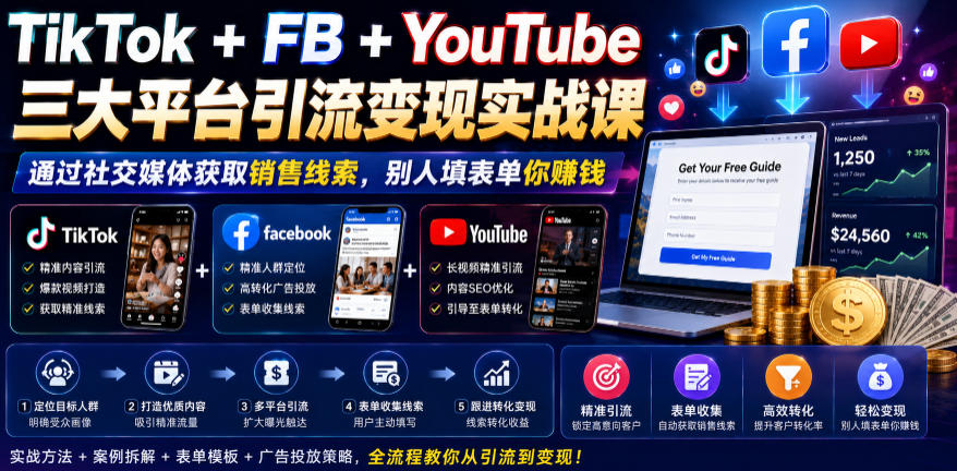 TikTok+FB+YouTube三大平台引流变现实战课，通过社交媒体获取销售线索，别人填表单你賺钱【原创双语字幕】-资源站