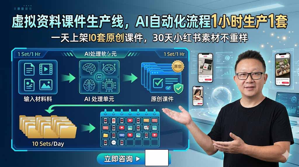 虚拟资料课件生产线，AI自动化流程1小时生产1套，一天上架10套原创课件，30天小红书素材不重样-资源站