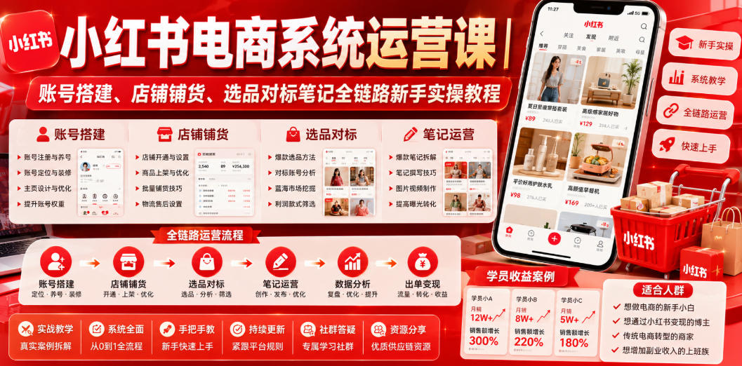 小红书电商系统运营课｜账号搭建、店铺铺货、选品对标笔记全链路新手实操教程-资源站