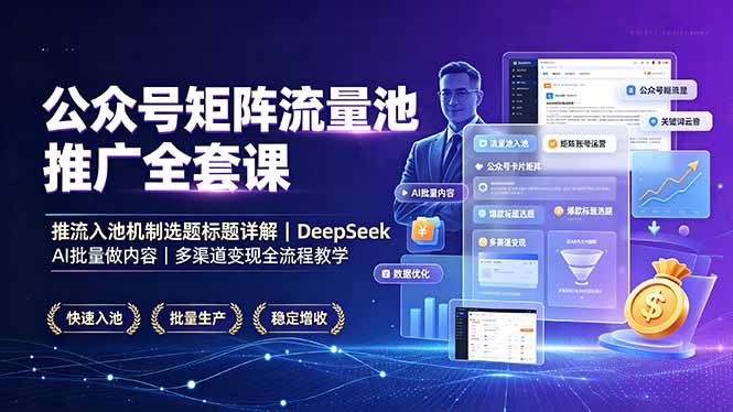 公众号矩阵流量池推广全套课，推流入池机制选题标题详解，DeepSeek AI批量做内容，多渠道变现全流程教学-资源站