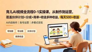 育儿AI视频全流程0-1实操课,从制作到运营,覆盖伙伴计划+分成+商单+收徒多种收益,每天500+收益-资源站
