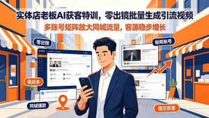 实体店老板AI获客特训，零出镜批量生成引流视频，多账号矩阵放大同城流量，客源稳步增长-资源站