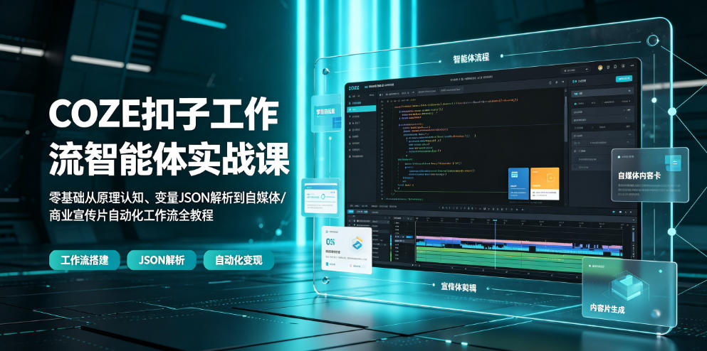 COZE扣子工作流智能体实战课｜零基础从原理认知、变量JSON解析到自媒体/商业宣传片自动化工作流全教程-资源站