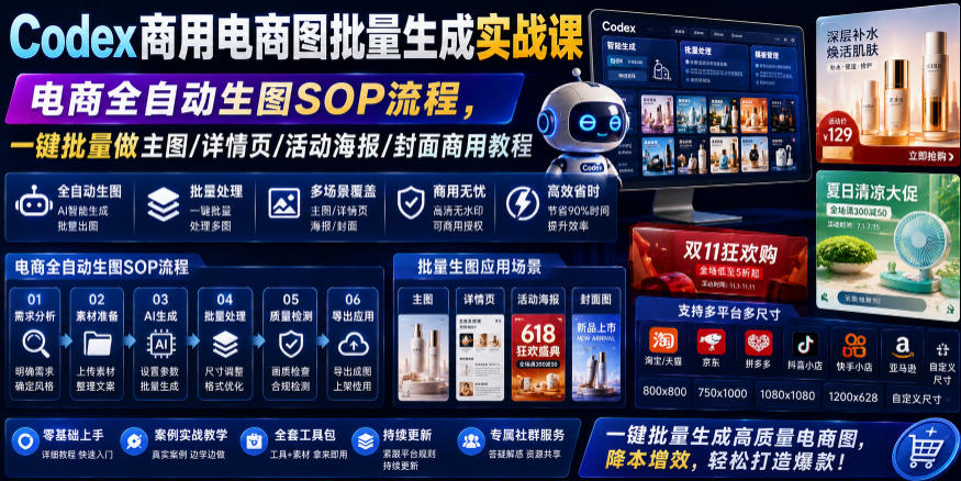 Codex商用电商图批量生成实战课｜电商全自动生图SOP流程，一键批量做主图/详情页/活动海报/封面商用教程-资源站