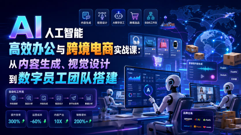 AI人工智能高效办公与跨境电商实战课：从内容生成、视觉设计到数字员工团队搭建-资源站