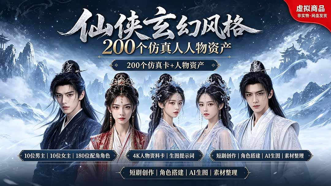 200个仙侠玄幻仿真人素材◆10男主×10女主×180配角，4K资料卡+AI生图提示词，漫剧必备-资源站