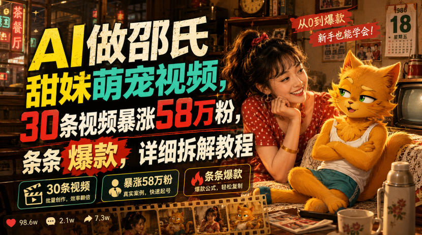 AI做邵氏甜妹萌宠视频，30条视频暴涨58万粉，条条爆款，详细拆解教程-资源站