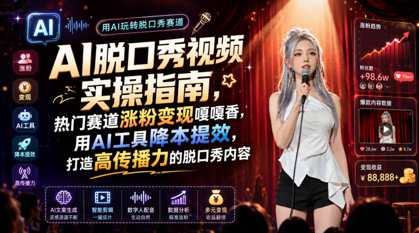 AI脱口秀视频实操指南，热门赛道涨粉变现嘎嘎香，用AI工具降本提效，打造高传播力的脱口秀内容-资源站