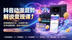 抖音动漫混剪解说变现课：双增量精选打法｜AI深度文案｜花字封面剪辑｜ 精选与独家签约日入1000+-资源站
