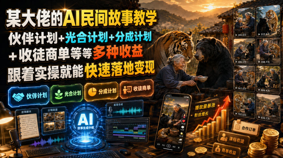 某大佬的AI民间故事教学，伙伴计划+光合计划+分成计划+收徒商单等多种收益，跟着实操就能快速落地变现-资源站