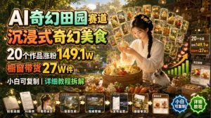 AI奇幻田园赛道，沉浸式奇幻美食，20个作品涨粉149.1W，橱窗带货27W件，小白可复制，详细教程拆解-资源站
