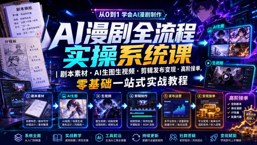 AI漫剧全流程实操系统课｜剧本素材・AI生图生视频・剪辑发布变现・高阶接单，零基础一站式实战教程-资源站