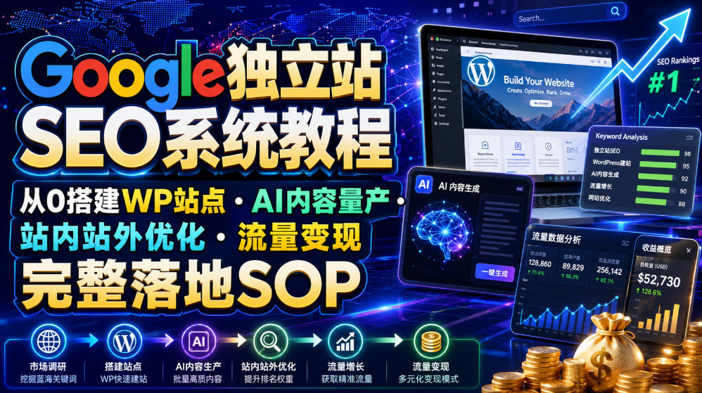 Google独立站SEO系统教程，从0搭建WP站点・AI内容量产・站内站外优化・流量变现完整落地SOP(2026年7月)-资源站