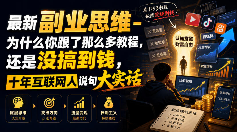 最新副业思维-为什么你跟了那么多教程，还是没搞到钱，十年互联网人说句大实话【揭秘】-资源站