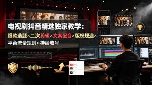 电视剧抖音精选独家教学：爆款选题×二次剪辑×文案配音×版权规避×平台流量规则×持续收益账号-资源站