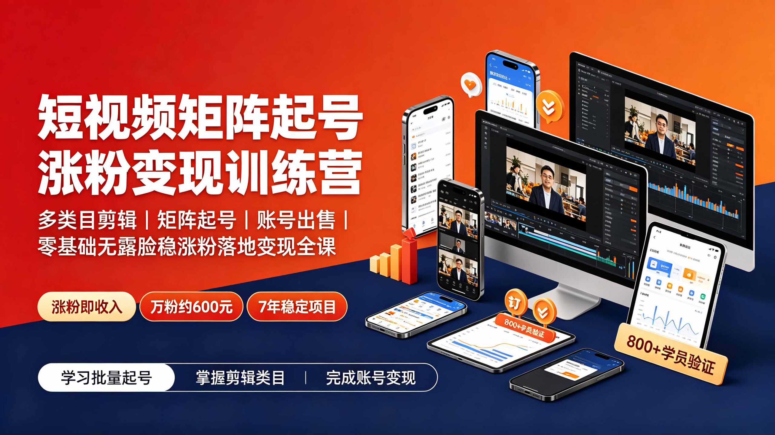 短视频矩阵起号涨粉变现训练营｜多类目剪辑·矩阵起号·账号出售，0基础无露脸稳涨粉落地变现全课-更新-资源站