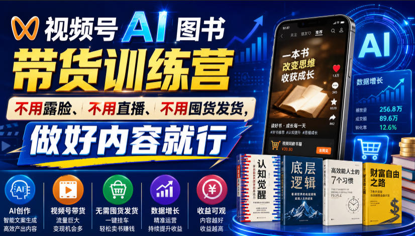 视频号AI图书带货训练营，不用露脸、不用直播、不用囤货发货，做好内容就行，一条爆款视频佣金8942-资源站
