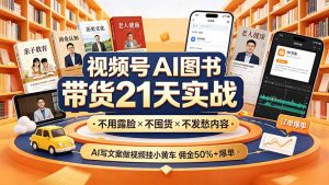 视频号AI图书带货21天实战：不用露脸×不囤货×不发愁内容，AI写文案做视频挂小黄车，佣金50%+爆单-资源站