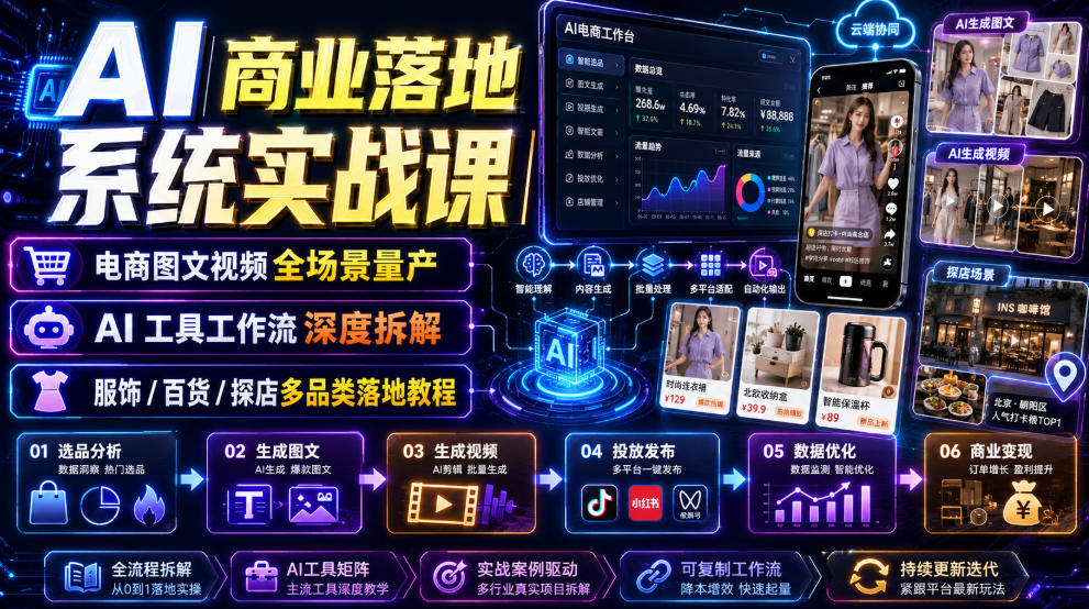 AI商业落地系统实战课｜电商图文视频全场景量产・AI工具工作流深度拆解・服饰/百货/探店多品类落地教程-资源站