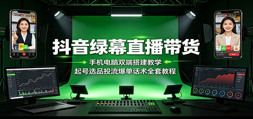抖音绿幕直播带货：手机电脑双端搭建教学，起号选品投流爆单话术全套教程-资源站