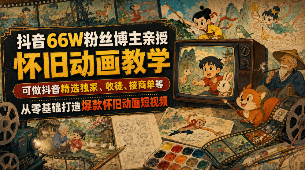 抖音66W粉丝博主亲授怀旧动画教学，可做抖音精选独家、收徒、接商单等，从零基础打造爆款怀旧动画短视频-资源站