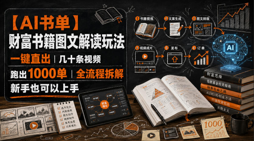 【AI书单】财富书籍图文解读玩法，一键直出，几十条视频，跑出1000单，全流程拆解，新手也可以上手-资源站